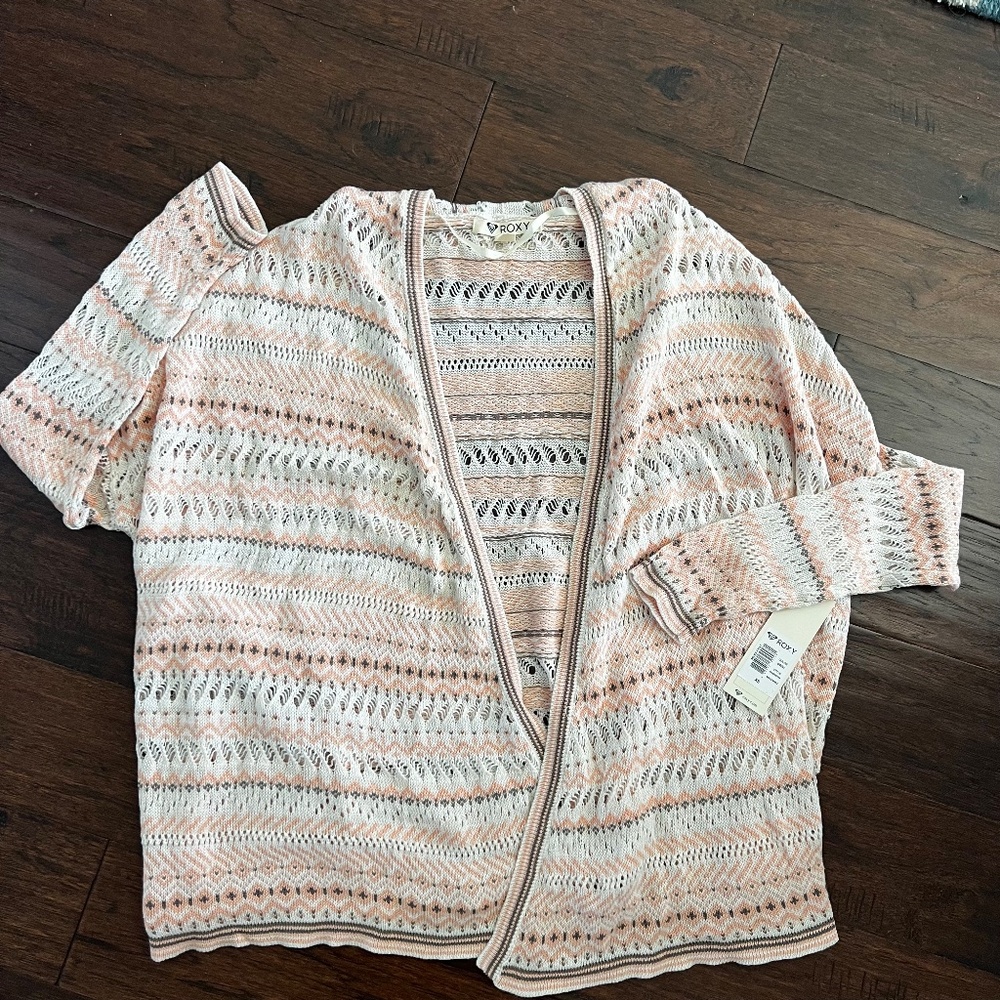 Roxy NWT Women's Patterned Knit Duster Cardigan - Cream and Pink Size XS
